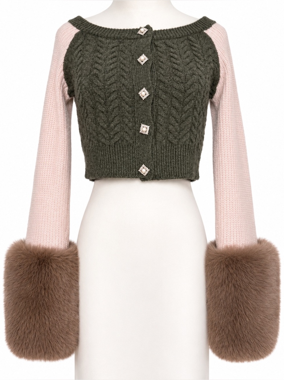 IZAAK AZANEI Cropped Wool Knit Sweater with Faux Fur Cuffs